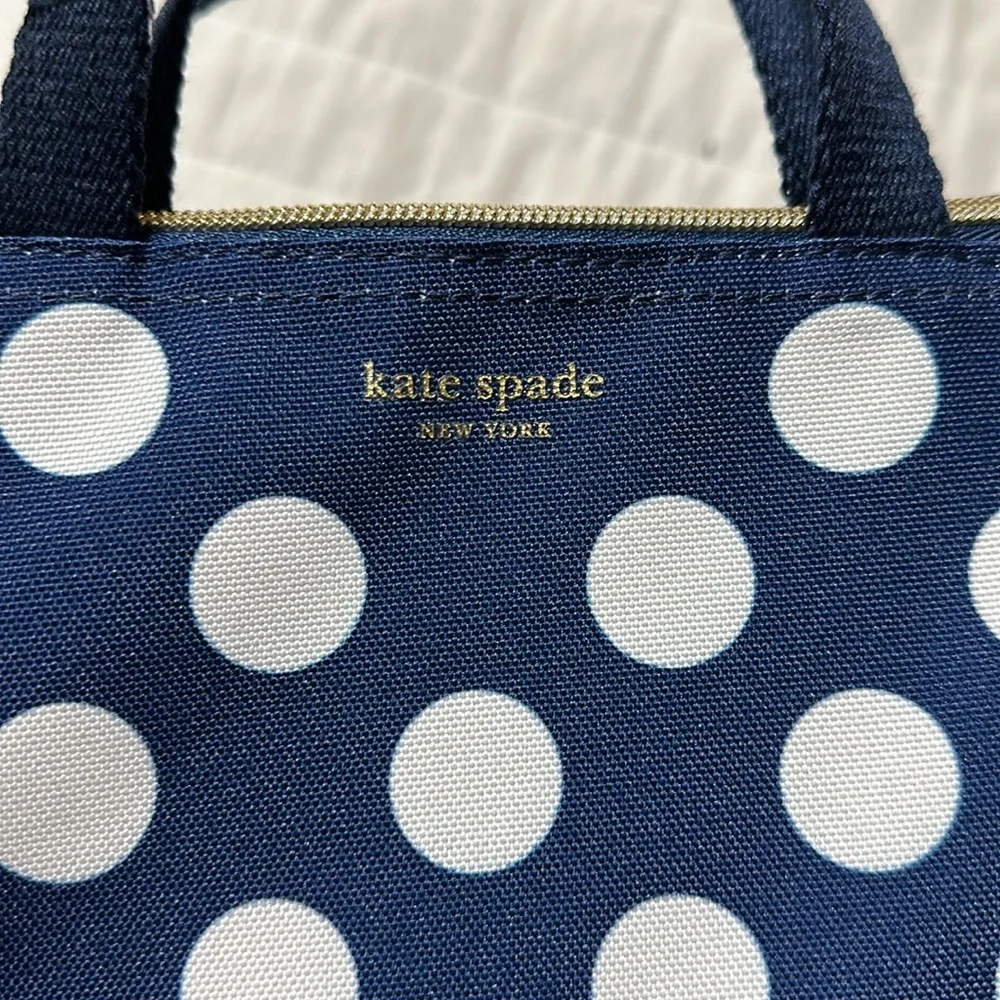 kate spade Navy White Jumbo Polka Dot Gold Tone Zip Lunch Bag NWT